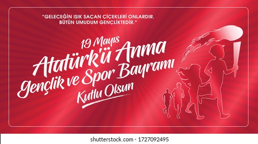 19 Mayis Ataturk'u Anma, Genclik ve Spor Bayrami translation: 19 may Commemoration of Ataturk, Youth and Sports Day, graphic design to the Turkish holiday.