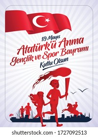 19 Mayis Ataturk'u Anma, Genclik ve Spor Bayrami translation: 19 may Commemoration of Ataturk, Youth and Sports Day, graphic design to the Turkish holiday.