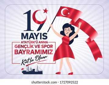 19 Mayis Ataturk'u Anma, Genclik ve Spor Bayrami translation: 19 may Commemoration of Ataturk, Youth and Sports Day, graphic design to the Turkish holiday.