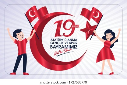 19 Mayis Ataturk'u Anma, Genclik ve Spor Bayrami Kutlu Olsun. Traducción: 19 de mayo Conmemoración de Ataturk, Día de la Juventud y el Deporte, diseño gráfico para la festividad turca. tarjeta de felicitación.