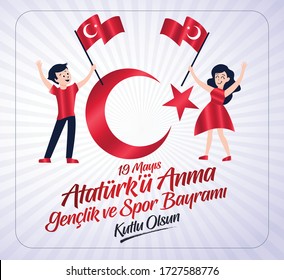 19 Mayis Ataturk'u Anma, Genclik ve Spor Bayrami Kutlu Olsun. Traducción: 19 de mayo Conmemoración de Ataturk, Día de la Juventud y el Deporte, diseño gráfico para la festividad turca. tarjeta de felicitación.