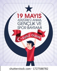 19 Mayis Ataturk'u Anma, Genclik ve Spor Bayrami Kutlu Olsun. Traducción: 19 de mayo Conmemoración de Ataturk, Día de la Juventud y el Deporte, diseño gráfico para la festividad turca. tarjeta de felicitación.