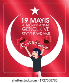 19 Mayis Ataturk'u Anma, Genclik ve Spor Bayrami Kutlu Olsun. Translation: 19 may Commemoration of Ataturk, Youth and Sports Day, graphic design to the Turkish holiday. greeting card.