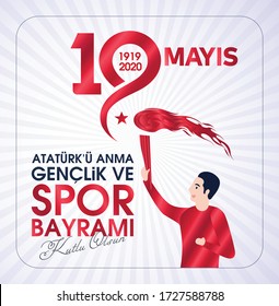 19 Mayis Ataturk'u Anma, Genclik ve Spor Bayrami Kutlu Olsun. Traducción: 19 de mayo Conmemoración de Ataturk, Día de la Juventud y el Deporte, diseño gráfico para la festividad turca. tarjeta de felicitación.