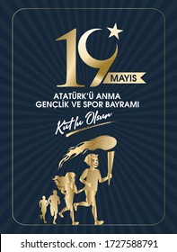 19 Mayis Ataturk'u Anma, Genclik ve Spor Bayrami Kutlu Olsun. Traducción: 19 de mayo Conmemoración de Ataturk, Día de la Juventud y el Deporte, diseño gráfico para la festividad turca. tarjeta de felicitación.