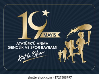 19 Mayis Ataturk'u Anma, Genclik ve Spor Bayrami Kutlu Olsun. Traducción: 19 de mayo Conmemoración de Ataturk, Día de la Juventud y el Deporte, diseño gráfico para la festividad turca. tarjeta de felicitación.