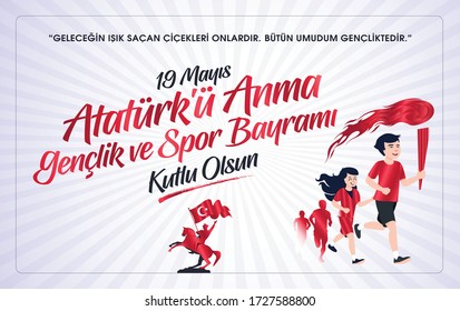 19 Mayis Ataturk'u Anma, Genclik ve Spor Bayrami Kutlu Olsun. Traducción: 19 de mayo Conmemoración de Ataturk, Día de la Juventud y el Deporte, diseño gráfico para la festividad turca. tarjeta de felicitación.