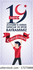 19 Mayis Ataturk'u Anma, Genclik ve Spor Bayrami Kutlu Olsun. Traducción: 19 de mayo Conmemoración de Ataturk, Día de la Juventud y el Deporte, diseño gráfico para la festividad turca. tarjeta de felicitación.