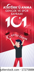 19 Mayis Ataturk'u Anma, Genclik ve Spor Bayrami Kutlu Olsun. Traducción: 19 de mayo Conmemoración de Ataturk, Día de la Juventud y el Deporte, diseño gráfico para la festividad turca. tarjeta de felicitación.