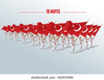 19 mayis Ataturk'u Anma, Genclik ve Spor Bayrami, translation- 19 may Commemoration of Ataturk, Youth and Sports Day, graphic design to the Turkish holiday