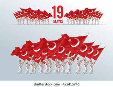 19 mayis Ataturk'u Anma, Genclik ve Spor Bayrami bayraklar, translation- 19 may Commemoration of Ataturk, Youth and Sports Day, graphic design to the Turkish holiday flags