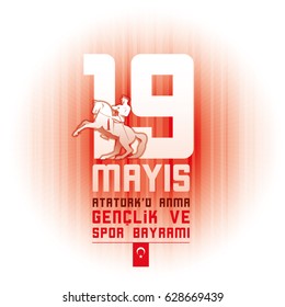 19 mayis Ataturk'u Anma, Genclik ve Spor Bayrami greeting card design. 19 may Commemoration of Ataturk, Youth and Sports Day. Vector illustration. 