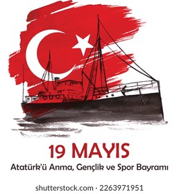 19 MAYIS Hand painted watercolor commemoration of Atatürk, youth and sports day illustration