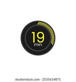 19 min timer icon. Chronometer vector illustration. Black and Yellow. Nineteen minutes.