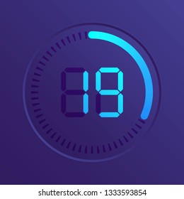 The 19 minutes, stopwatch vector icon, digital timer. Vector digital count down circle board with circle time pie diagram. Watch outline style design, designed for web and app.
