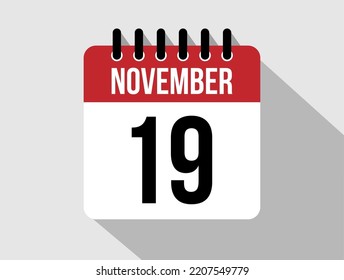 icono vectorial del calendario 19 de noviembre. Fecha de Noviembre Rojo para los días del mes