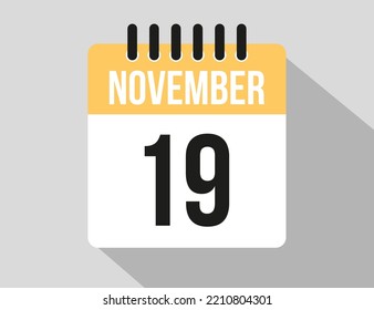 19 November calendar vector icon. Yellow november date for the days of the month and week