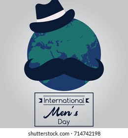 International Men's Day, 19 November. Earth globe with a hat and moustache conceptual illustration vector.
