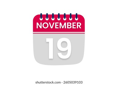 19 November month single day vector, illustration, calendar with red, off white and white color background calendar November 19