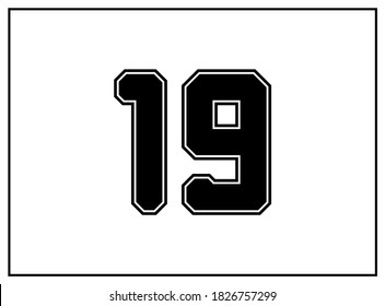 19 number classic american, college style font. Uniform letter in black with a black outside contour line. Vintage sport font.For jersey, t-shirt, basketball, baseball, football. Isolated vector