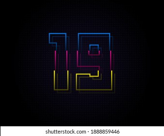 19 number colorful outline stroke font. Trendy, dynamic creative style design. Vivid vector font for logo, brand label, design elements, nightlife, application etc