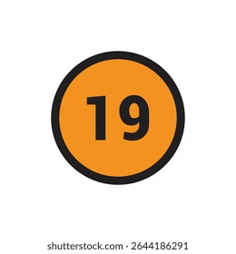 19 Number icon vector Orange Circle with Black design