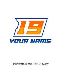 19 Number logo with fast speed lines. Vector sport style typeface, sports club.