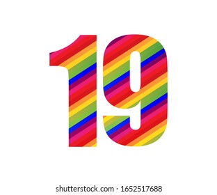 19 Number Rainbow Style Numeral Digit. Colorful Nineteen Number Vector Illustration Design Isolated on White Background.