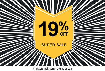 19% off. Black banner with nineteen percent discount on a yellow balloon for mega offers.