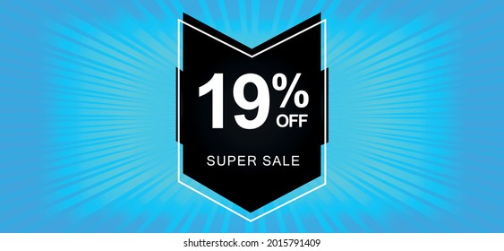 19% de descuento. Un cartel azul con un descuento del 19% en un globo negro para mega ofertas.
