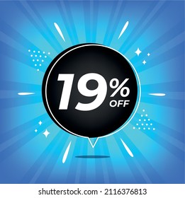 19% de descuento. Banner azul con un descuento del diecinueve por ciento en un globo negro para grandes ventas.