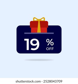 19% off Gift card Discount. Nineteen percent off gift box. Vector illustration. Flat icon.