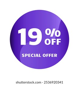 19% off. Nineteen percent off, Special Offer. Discount sale banner design template. Discount tag. Vector illustration. Purple Design.