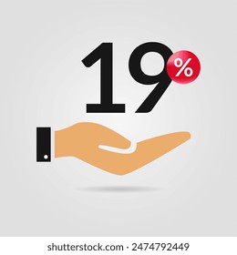 19% off promotion. Nineteen percent of discount with hand icon. Sale symbol. Discount creative composition. Vector illustration.