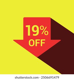 19% off sale arrow tag icons. Nineteen percent off, discount flat arrow icon. Special offer symbol. Yellow and red. Vector illustration.