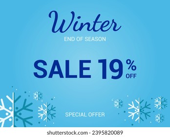 19% off sale banner. Nineteen percent special offer. Winter sale banner. Winter End of Season Sale Background Design. Template for advertising, web, social media and fashion ads. Vector illustration.