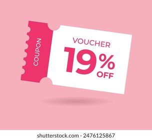 19% off Sale Voucher Coupon. Nineteen percent promotion illustration. Tag label, sale banner with discount coupon. Pink Vector gift voucher.