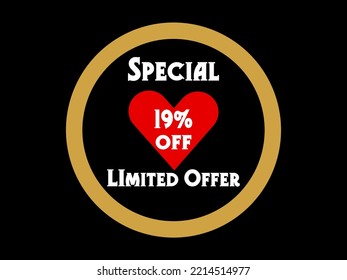 19% de descuento. Icono de oferta limitada especial. Banner badge, ofrecer pegatina. Signo de oferta especial. Venta. Banda adhesiva con ilustración de arte vectorial con círculo dorado. 