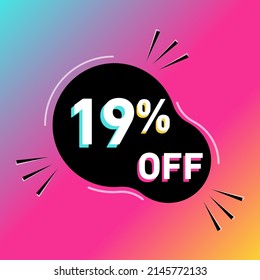 19 % de la ilustración vectorial. Promoción de ventas del 19%. Forma redondeada. Blanco, negro, azul, amarillo y rosa. Sombras coloridas. Fondo de degradado.