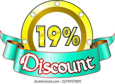 19% off, yellow disk and green ribbon, vector illustration for wholesale and retail, illustrative art, beautiful illustration, vector. God is good!