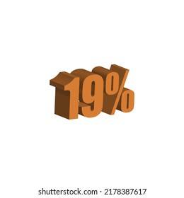 19 % 3D-orangefarbener Text. 19 % 3D-Text auf weißem Hintergrund. Neunzehn Prozent Sonderangebot, Rabatt und prozentualer Tag Vektor