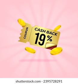 19 percent gift voucher with coupon Cash back. For business promotion sales and Discount online purchases. Tag label, sale banner with golden coin cash back. 