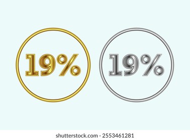 19 percent icon, 19 percent sign symbol in gold and silver color