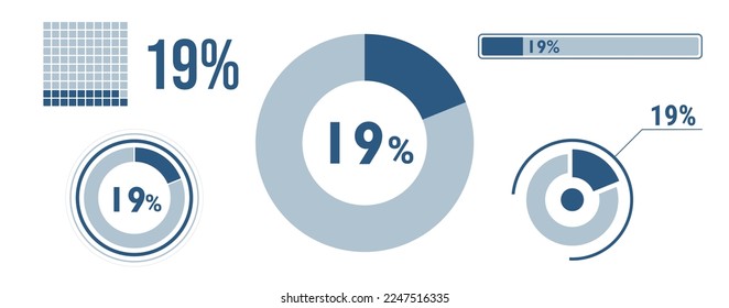 19 percent loading data icon set. Nineteen circle diagram, pie donut chart, progress bar. 19% percentage infographic. Vector concept collection, blue color.