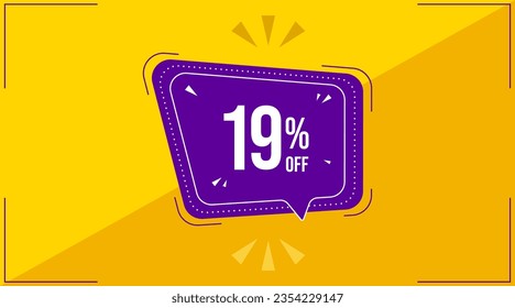 19 percent, nineteen percent. Discount banner shape. Sale coupon purple bubble icon. Special offer badge. Yellow abstract background. Modern concept design. Banner with offer badge. Vector