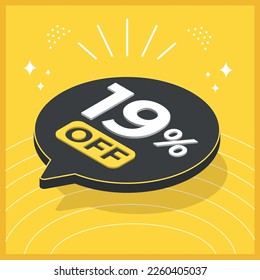 19 por ciento de descuento. Globo flotante 3D con promoción de ventas en fondo amarillo