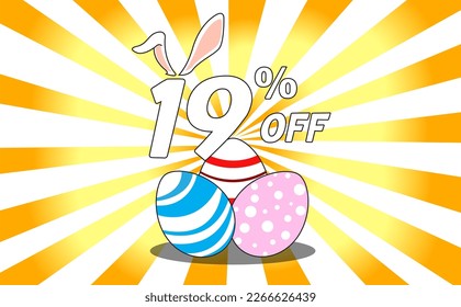 19 percent off. Banner with colorful easter eggs, bunny ears and background with yellow and orange gradient rays