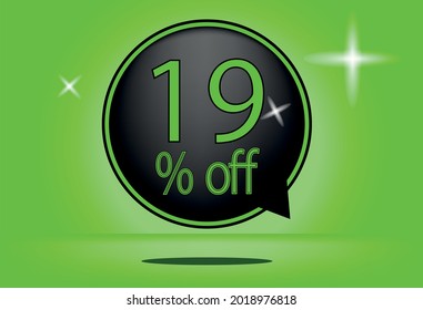 19 percent off black balloon and floating. with green background, banner 19% off green, shadow