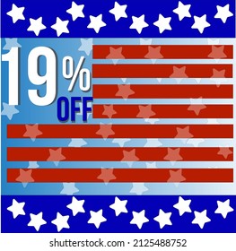19 percent off discount, red stripes blue lines top and bottom with white stars