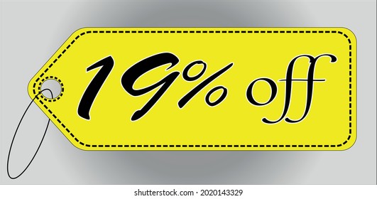 19 percent off yellow tag. 19 percent discount tag for offers and promotions
